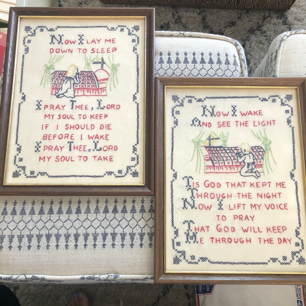 Vintage framed cross-stitch prayer set